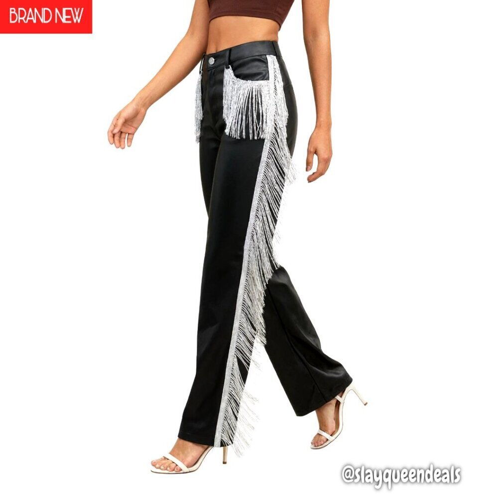 Faux Leather Fringe Pants with Tassels, Mid-Waist Straight Leg Fit